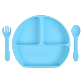 PLATO SILICONA CON VENTOSA CUCHARA Y TENEDOR AZUL - 1