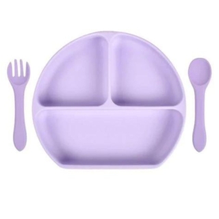 PLATO SILICONA CON VENTOSA CUCHARA Y TENEDOR MORADO - 1