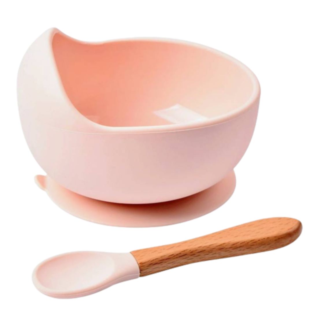 PLATO SILICONA Y CUCHARA BEBÉ ROSADO - 1
