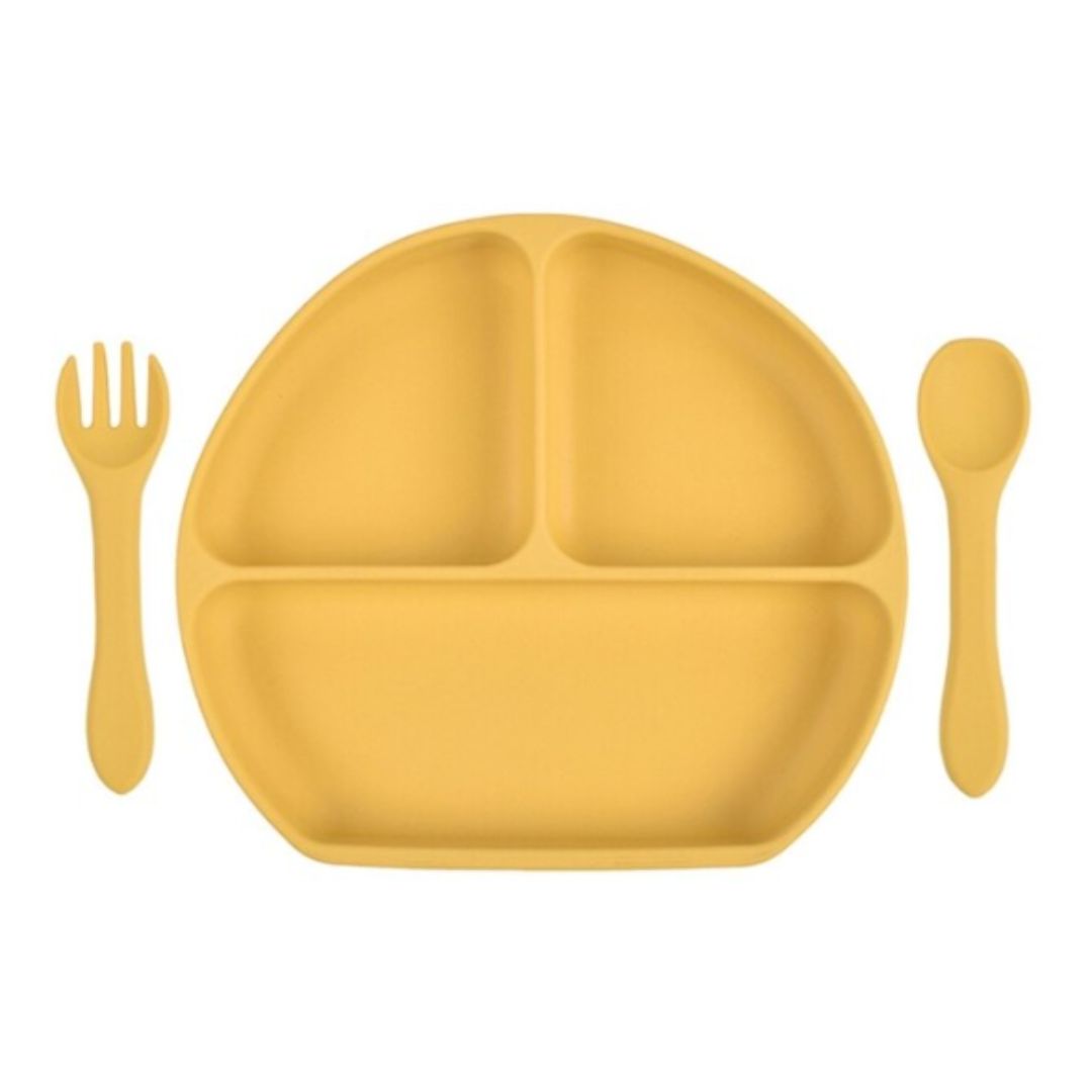 PLATO SILICONA CON VENTOSA CUCHARA Y TENEDOR AMARILLO - 1