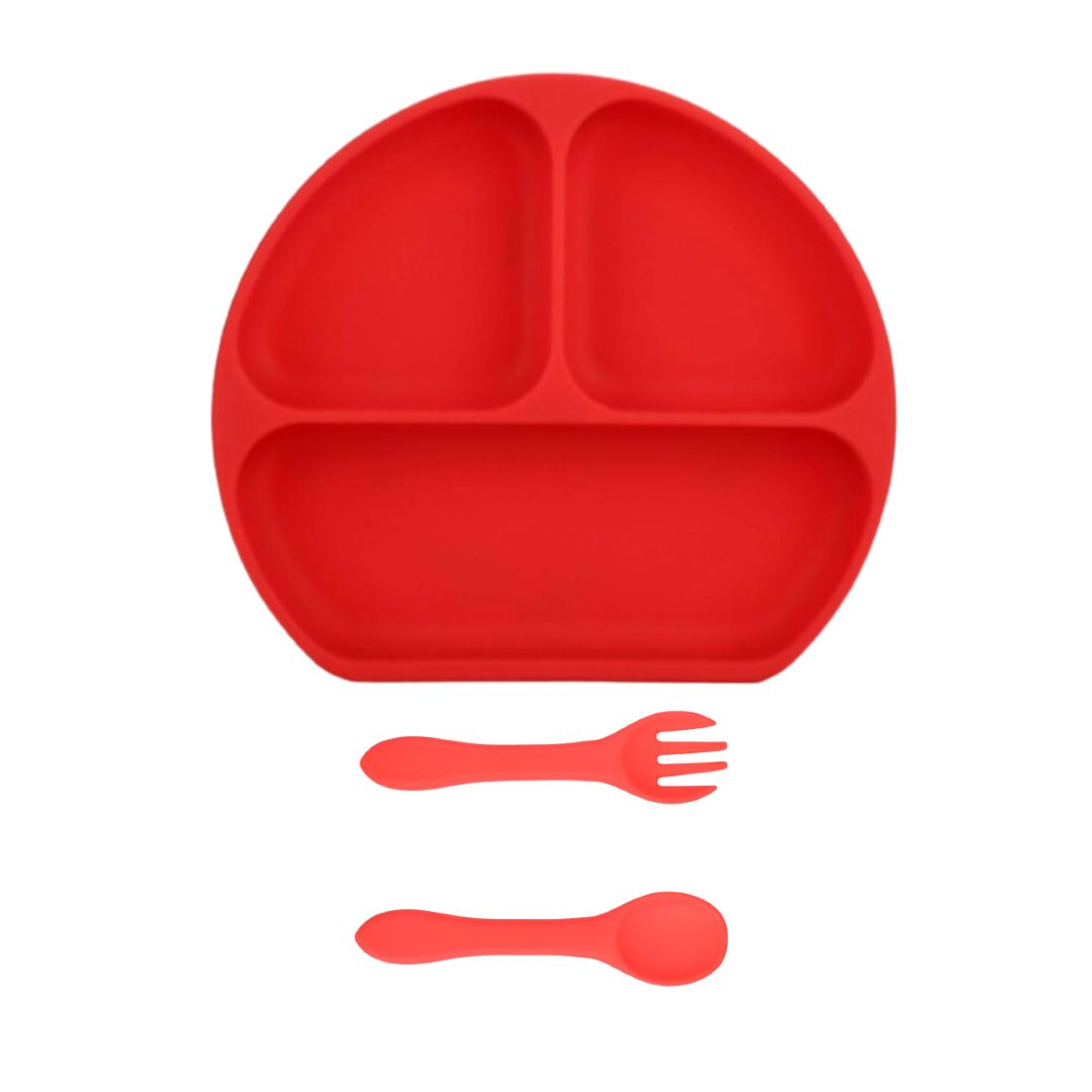 PLATO SILICONA CON VENTOSA CUCHARA Y TENEDOR ROJO - 1