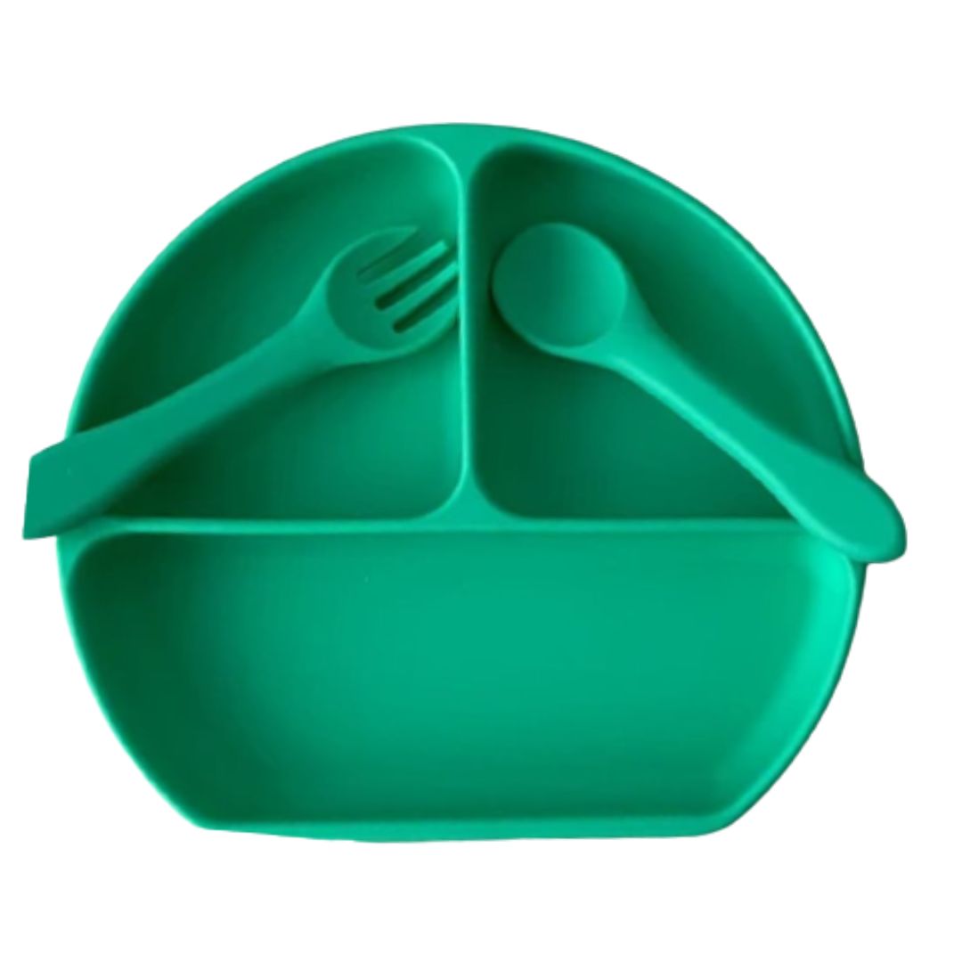 PLATO SILICONA CON VENTOSA CUCHARA Y TENEDOR VERDE - 1