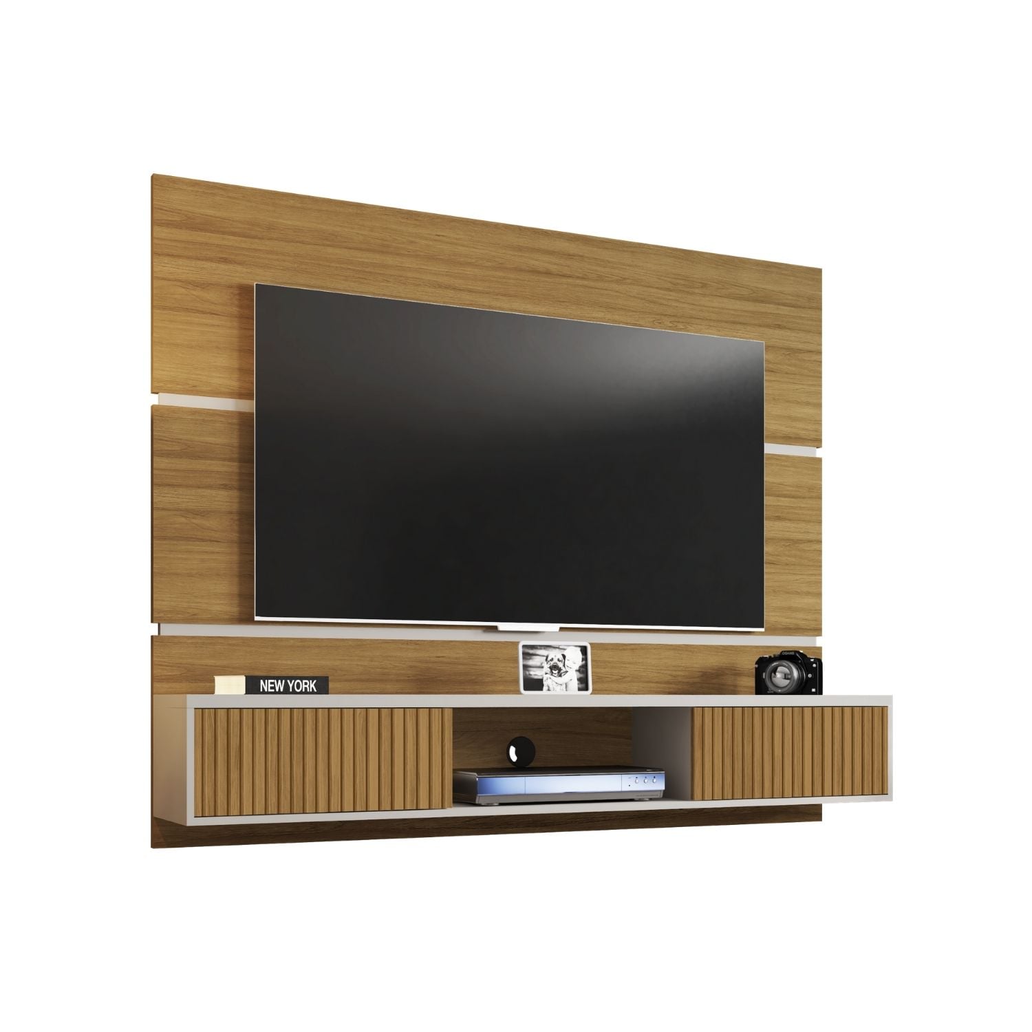 RACK TV AMBAR 65 PULGADAS PANEL CANELA BLANCO INVIERNO RIPADO - 1