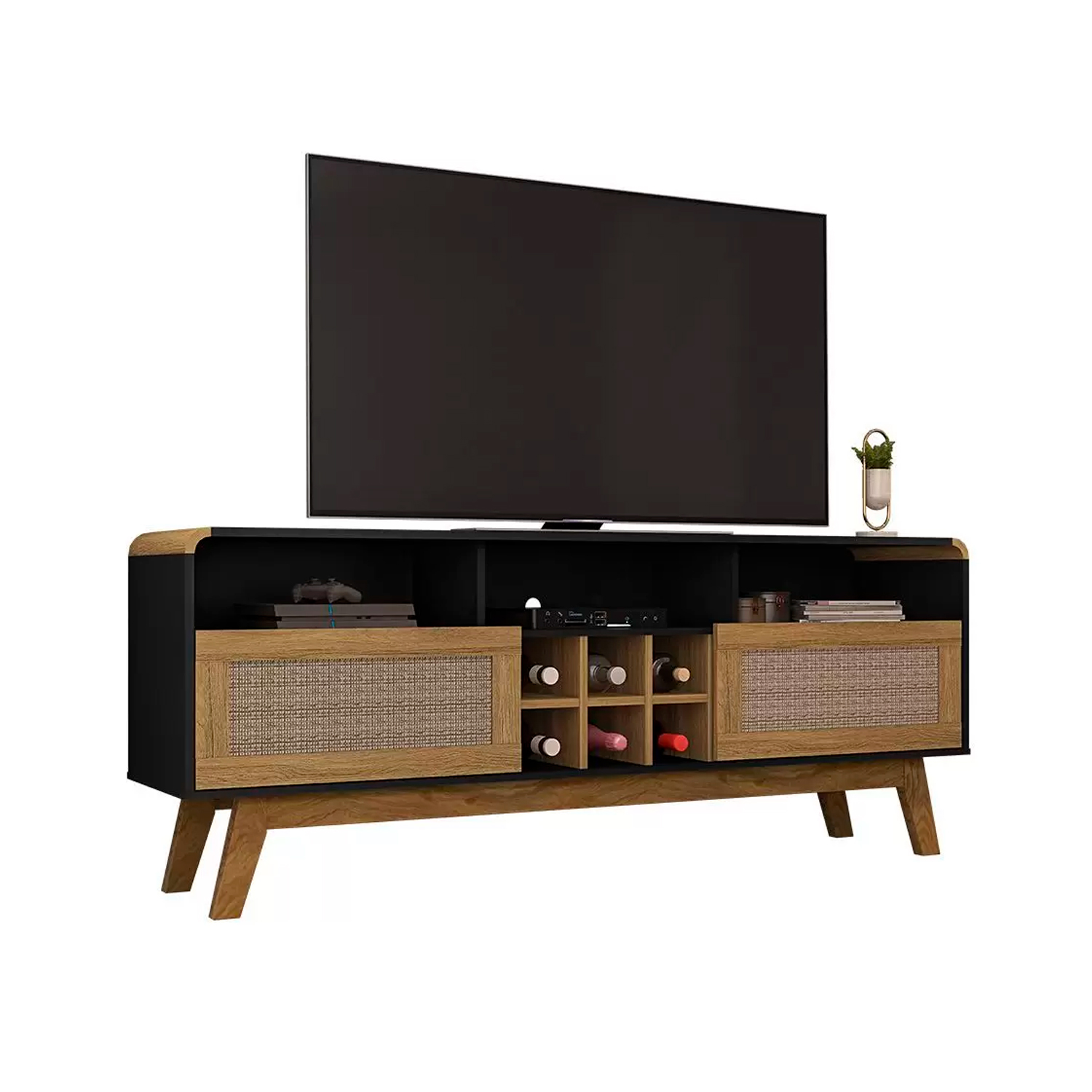 RACK TV HOGA LARIMAR MDP CANELA 65' NEGRO RATTAN - 1