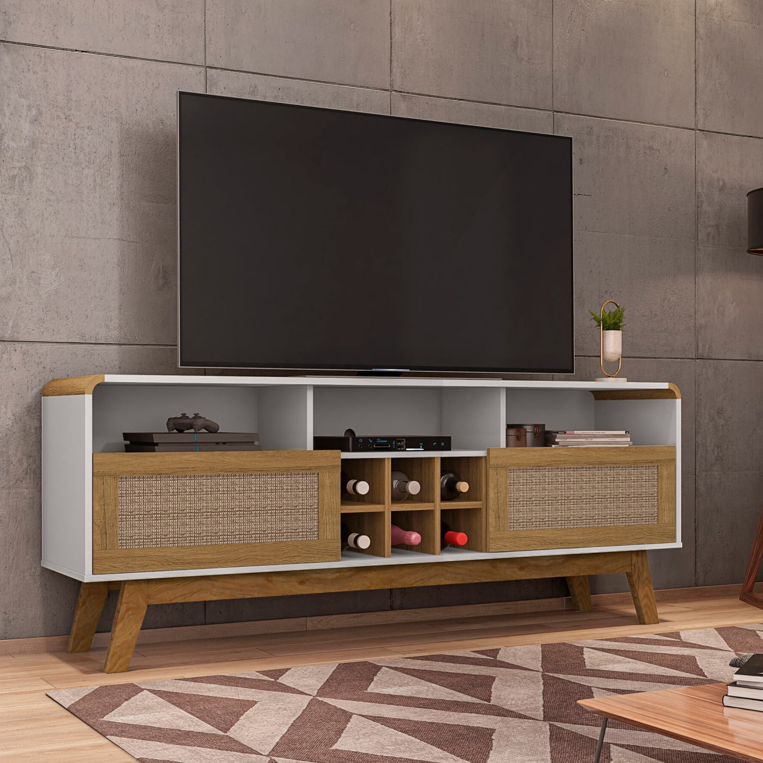 RACK TV HOGA LARIMAR MDP CANELA 65' BLANCO INVIERNO RATTAN - 2