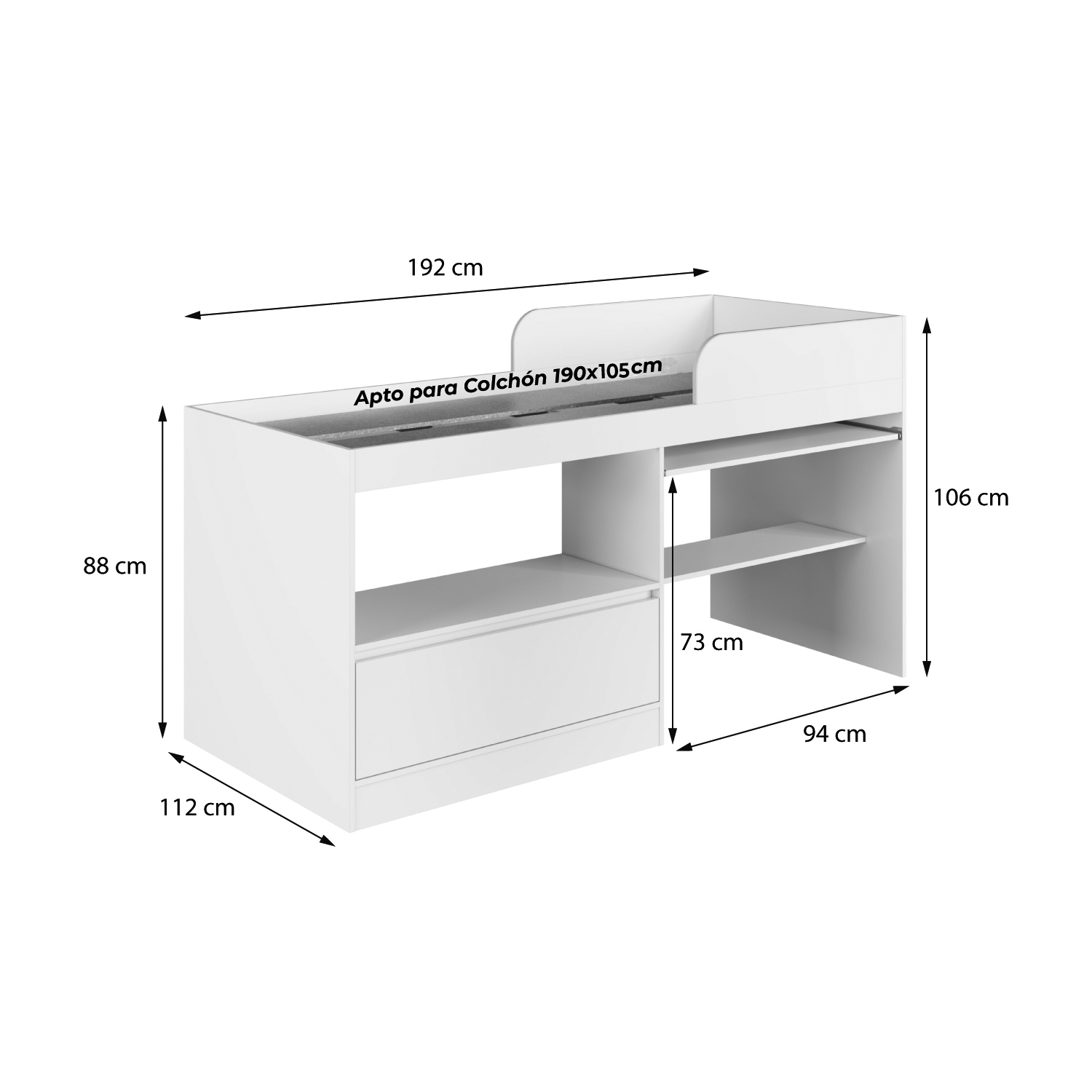 CAMA ALTA MULTIFUNCIONAL 1,5 PZA HOGA JACARTA EN COLOR BLANCO - 3