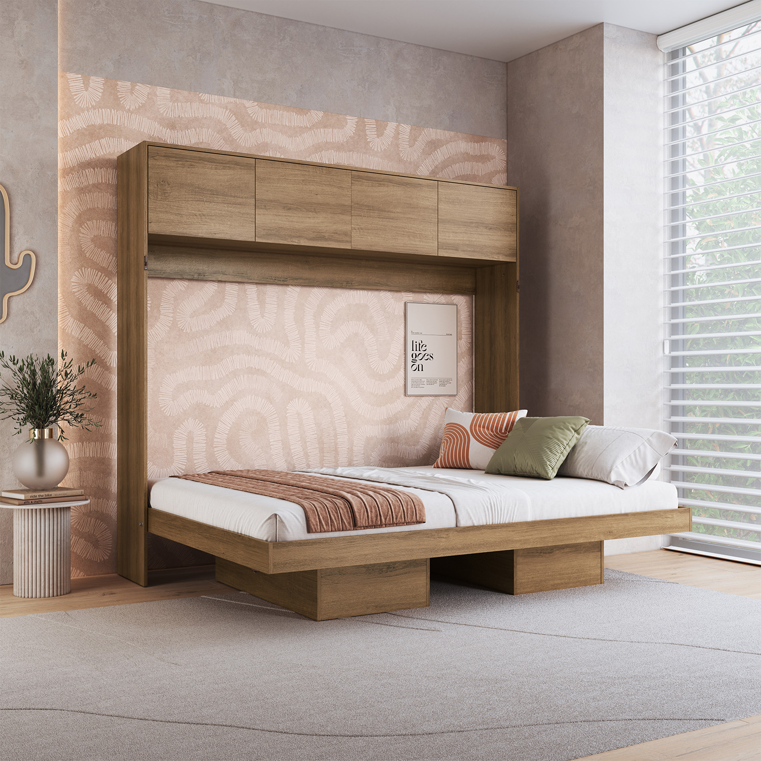 CAMA PLEGABLE HORIZONTAL 2 PZA CON ESTANTES 4 PUERTAS HOGA HANOVER MIEL - 2