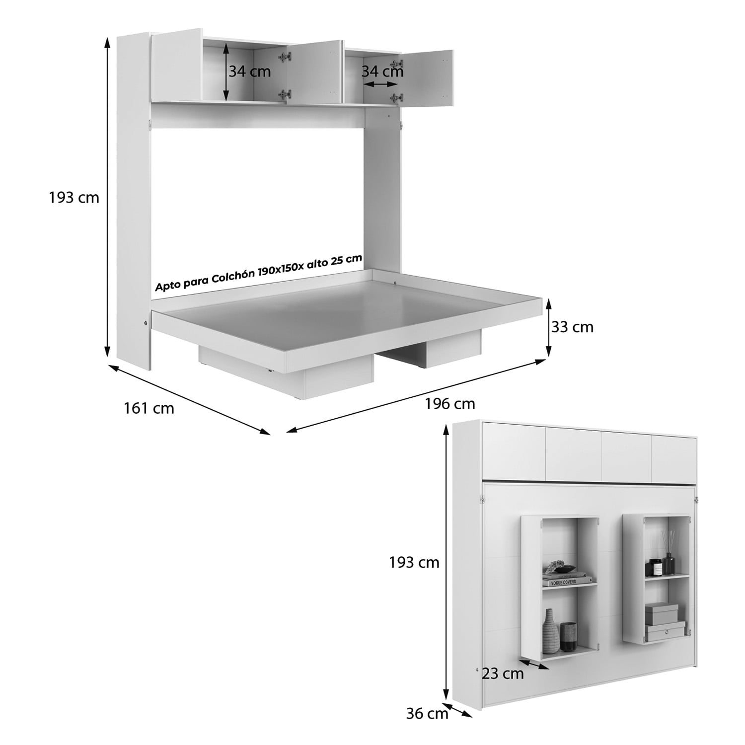CAMA PLEGABLE HORIZONTAL 2 PZA CON ESTANTES 4 PUERTAS HOGA HANOVER GRIS - 3