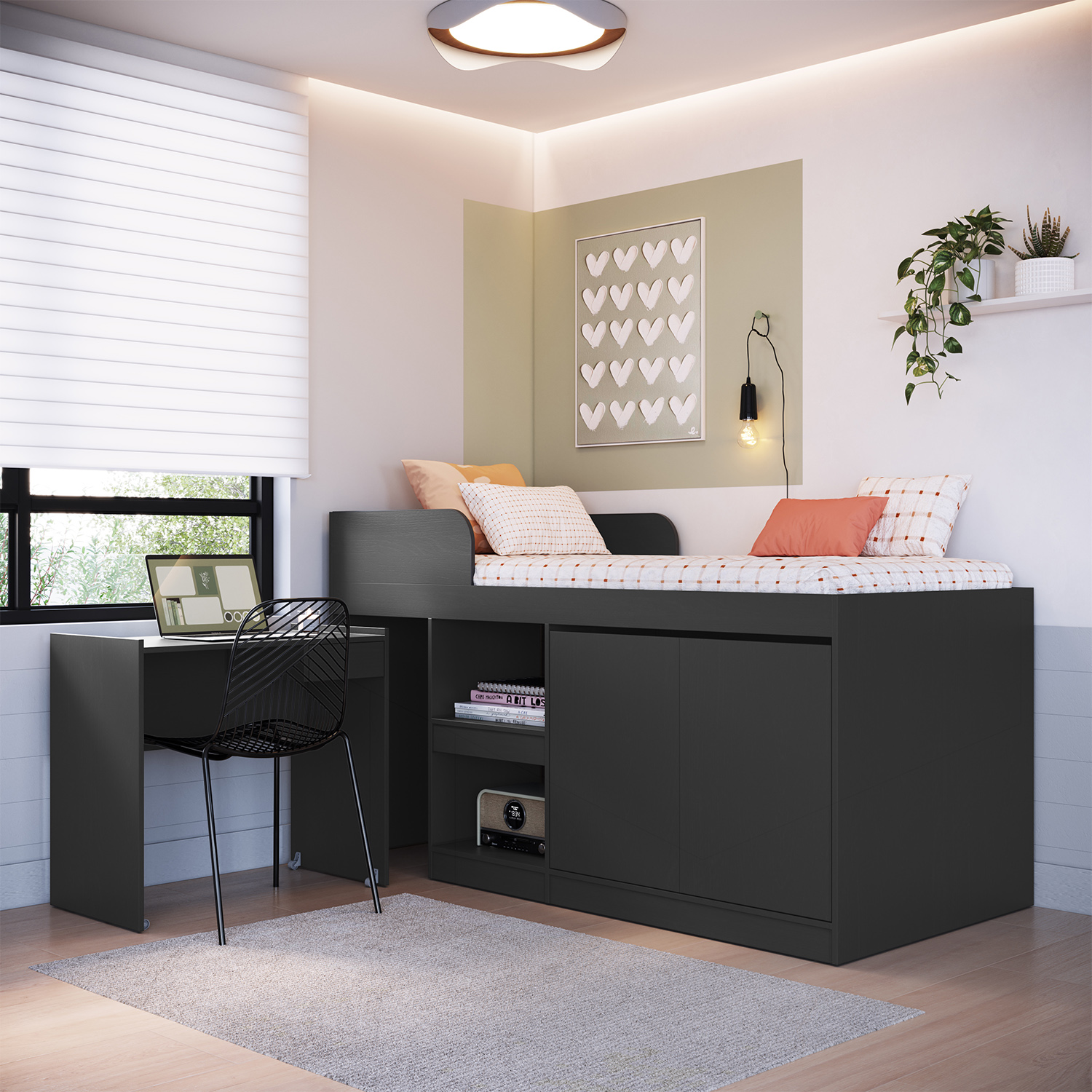 CAMA ALTA + ESCRITORIO 2 PUERTAS 1,5 PZA HOGA JAMAICA GRIS - 2