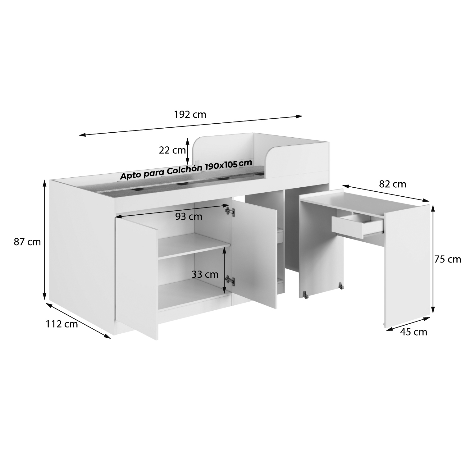 CAMA ALTA + ESCRITORIO 2 PUERTAS 1,5 PZA HOGA JAMAICA GRIS - 3