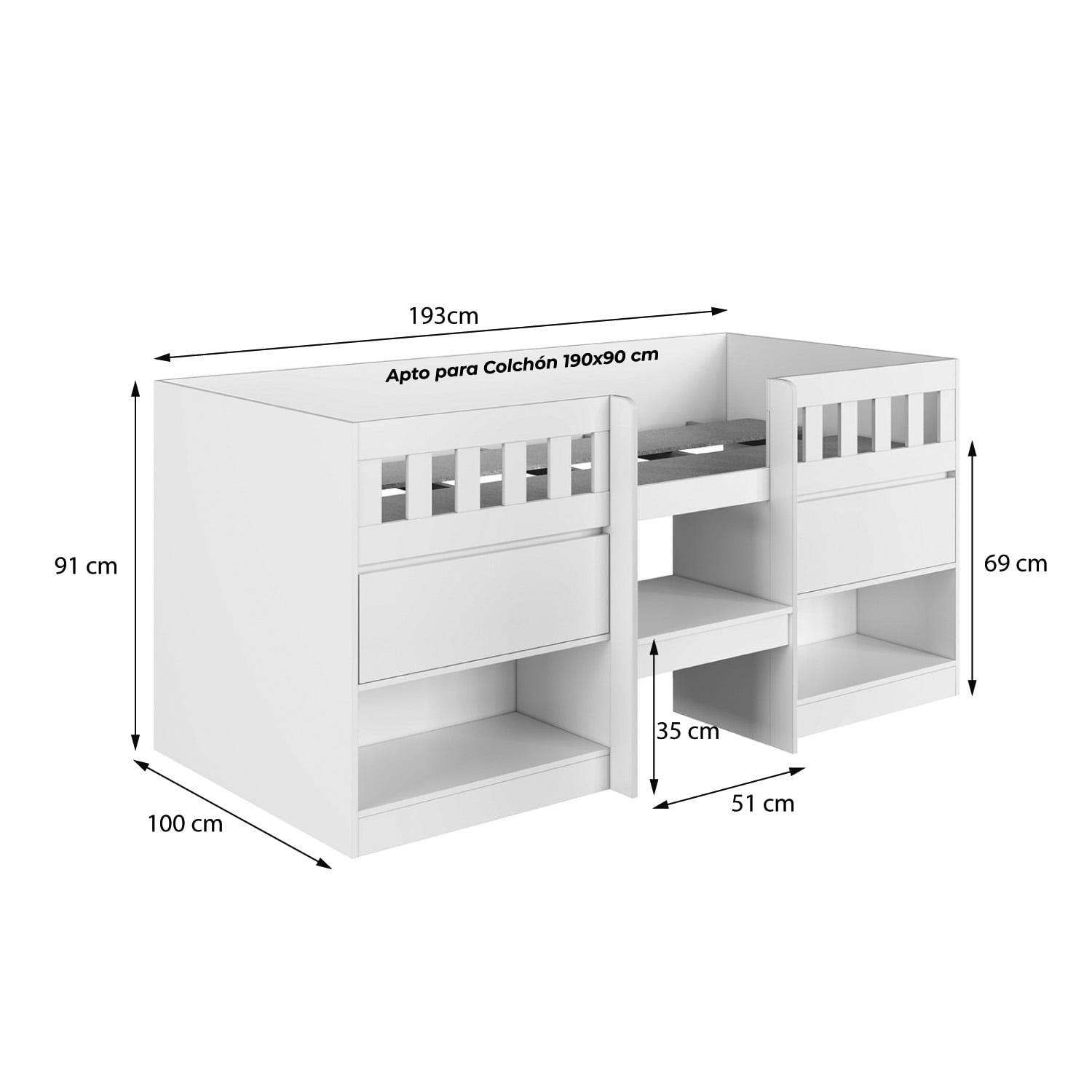 CAMA ALTA 2 PUERTAS 1 PZA HOGA BELA EN COLOR BLANCO - 3