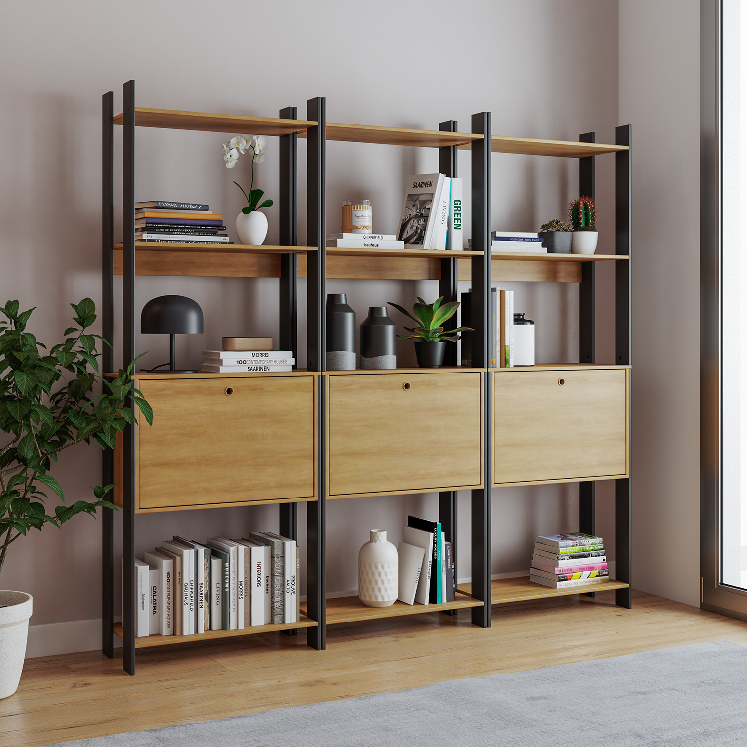ESTANTE 4 NICHOS Y 1 PUERTA HOGA NEGRO NUEZ - 6