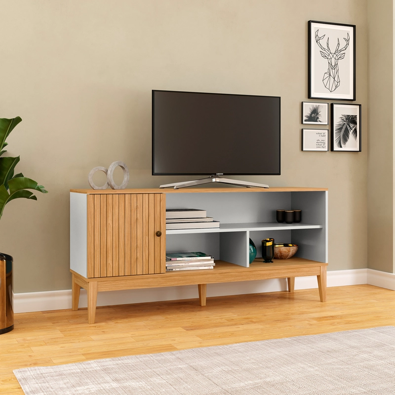 RACK TV 55' 1 PUERTA HOGA MIEL BLANCO INVIERNO RIPADO - 1