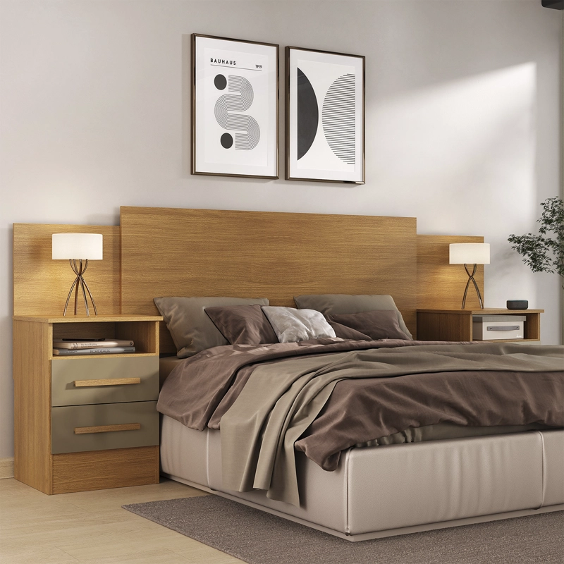 RESPALDO DE CAMA CON VELADORES 2 PLAZAS HOGA ELENA CANELA CAPUCHINO - 1