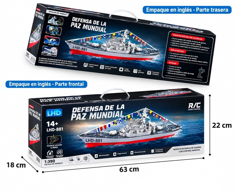 LANCHA CONTROL REMOTO, GRAN BUQUE DE 60 CM CON DOS CONTROLES - 11