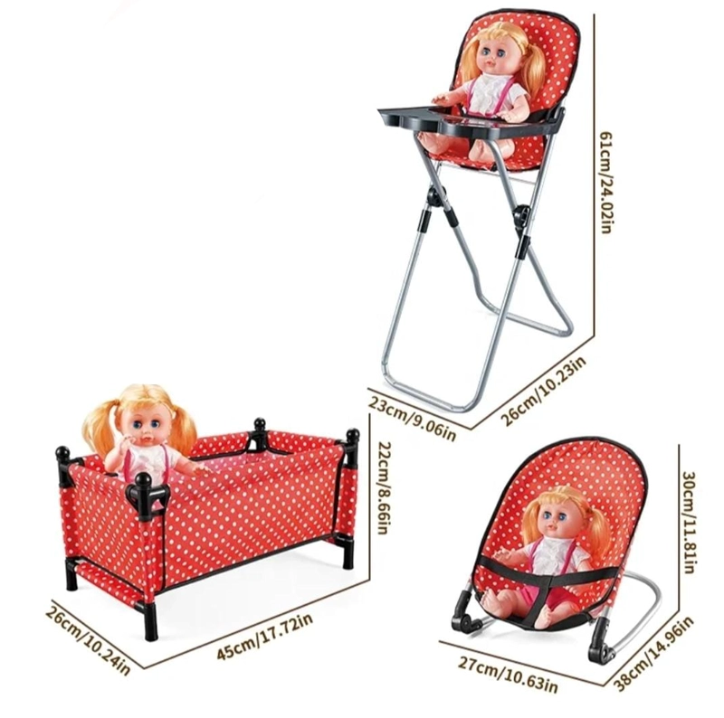 SET DE ACCESORIOS PARA MUÑECA, CUNA SILLA MECEDOR DE JUGUETE 3 EN 1, ROJO - 5