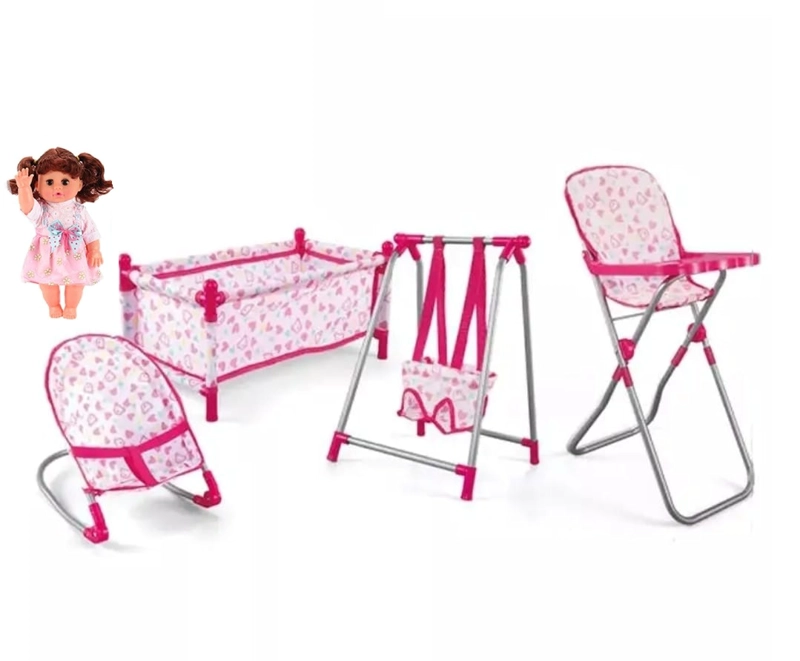 MUÑECA CON ACCESORIOS CUNA SILLA COLUMPIO Y MECEDORA ROSADO - 2