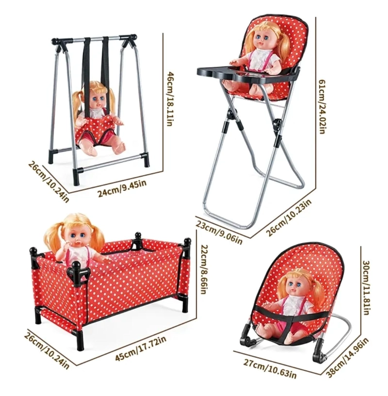 SET PARA MUÑECA, CUNA COLUMPIO SILLA Y MECEDORA 4 EN 1 ROJO - 8