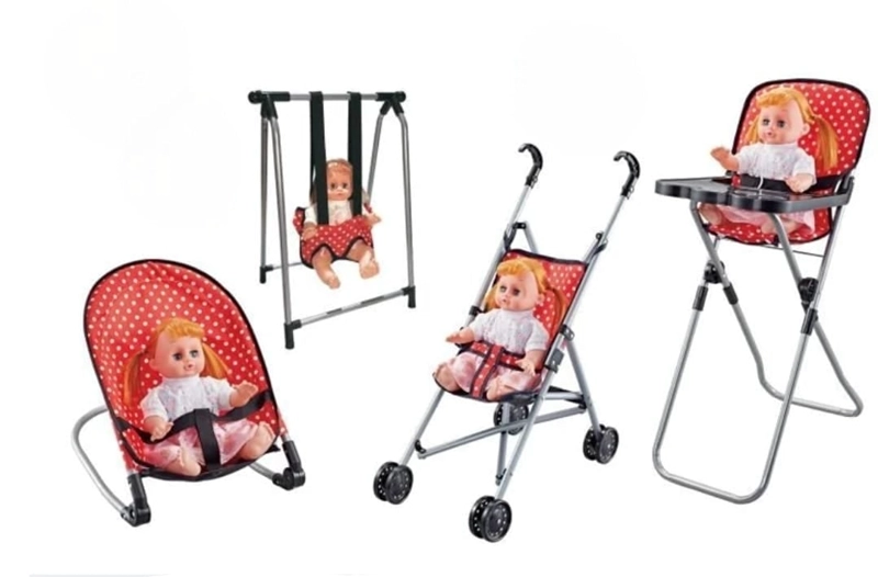 MUÑECA CON ACCESORIOS, COCHE, SILLA, MECEDORA Y COLUMPIO ROJO - 1