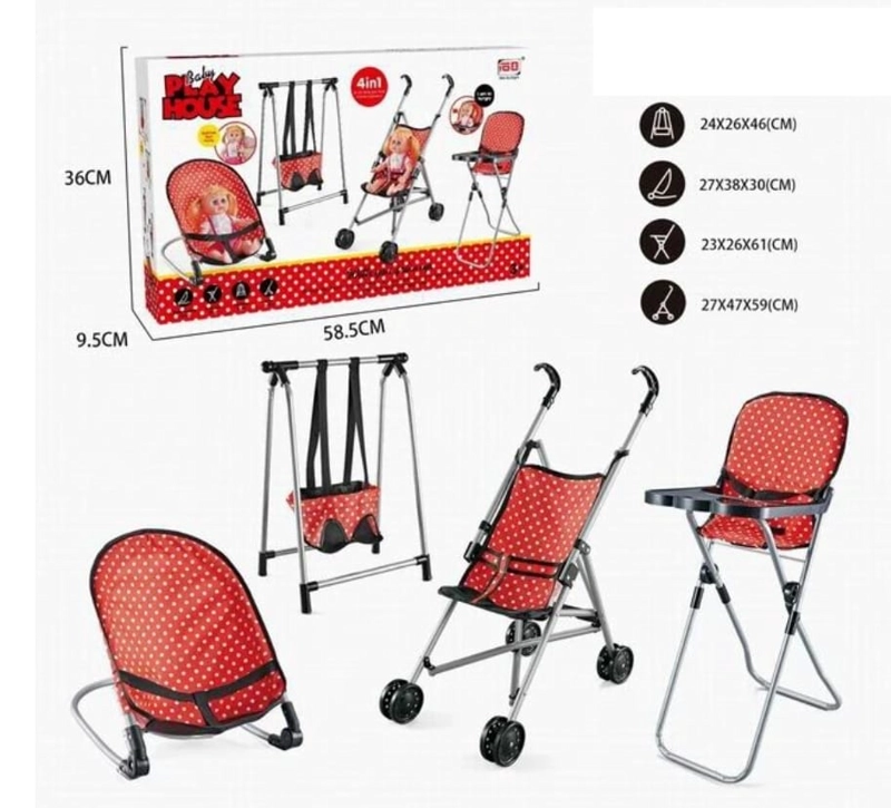 SET DE MUÑECA COCHE SILLA DE COMER COLUMPIO Y MECEDOR, ROJO - 1