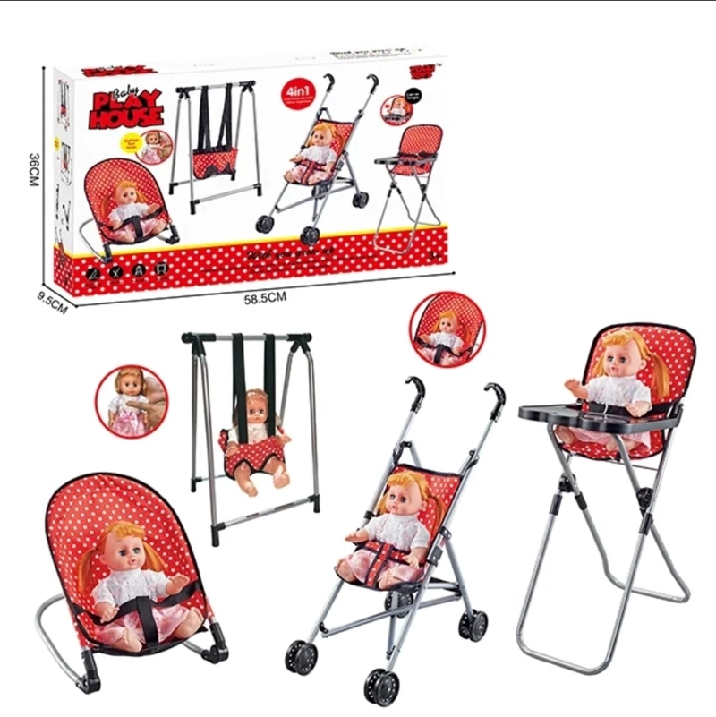 SET DE MUÑECA COCHE SILLA DE COMER COLUMPIO Y MECEDOR, ROJO - 7