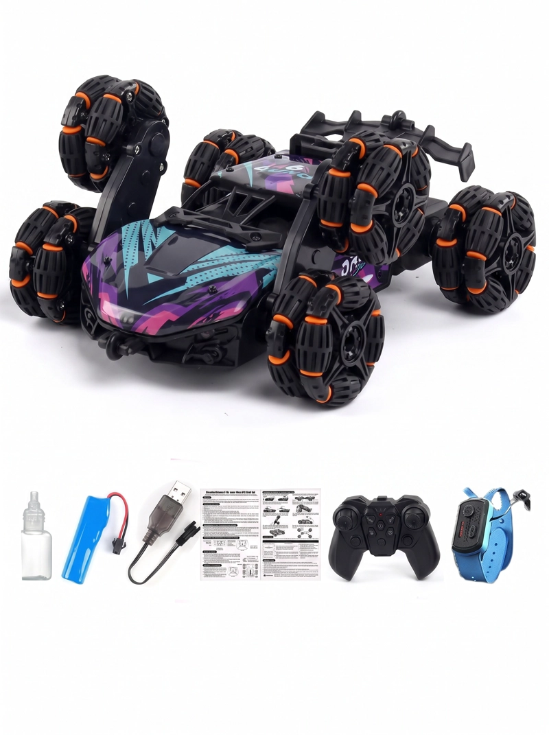 AUTO CONTROL REMOTO 6 RUEDAS Y CONTROL RELOJ DE GESTOS STUNT VERDE VIOLETA - 2