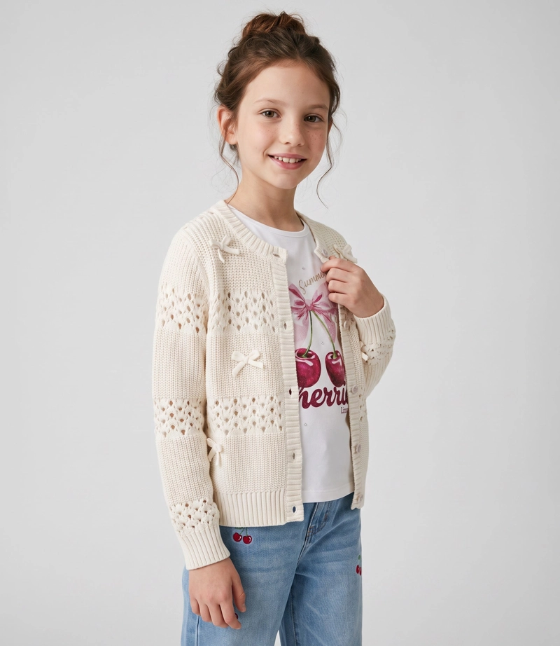 CHALECO NIÑA CARDIGAN CON LAZOS L11061270203 CRUDO LIMONADA - 1