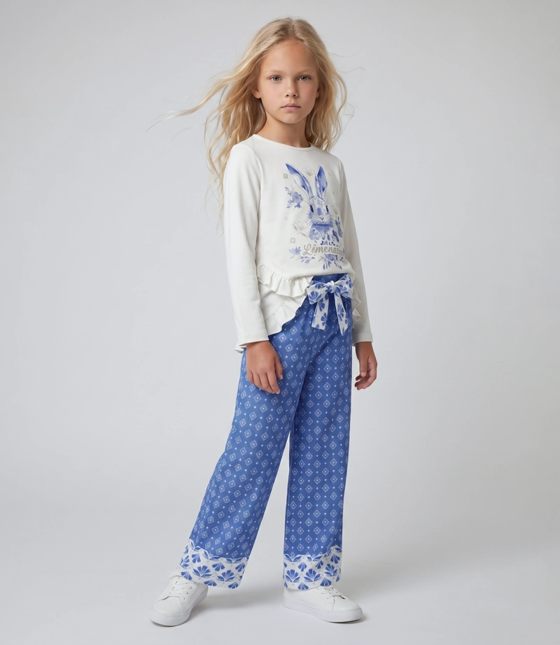 PANTALON NIÑA DE LINO BOHO L11121270358 AZUL LIMONADA - 1