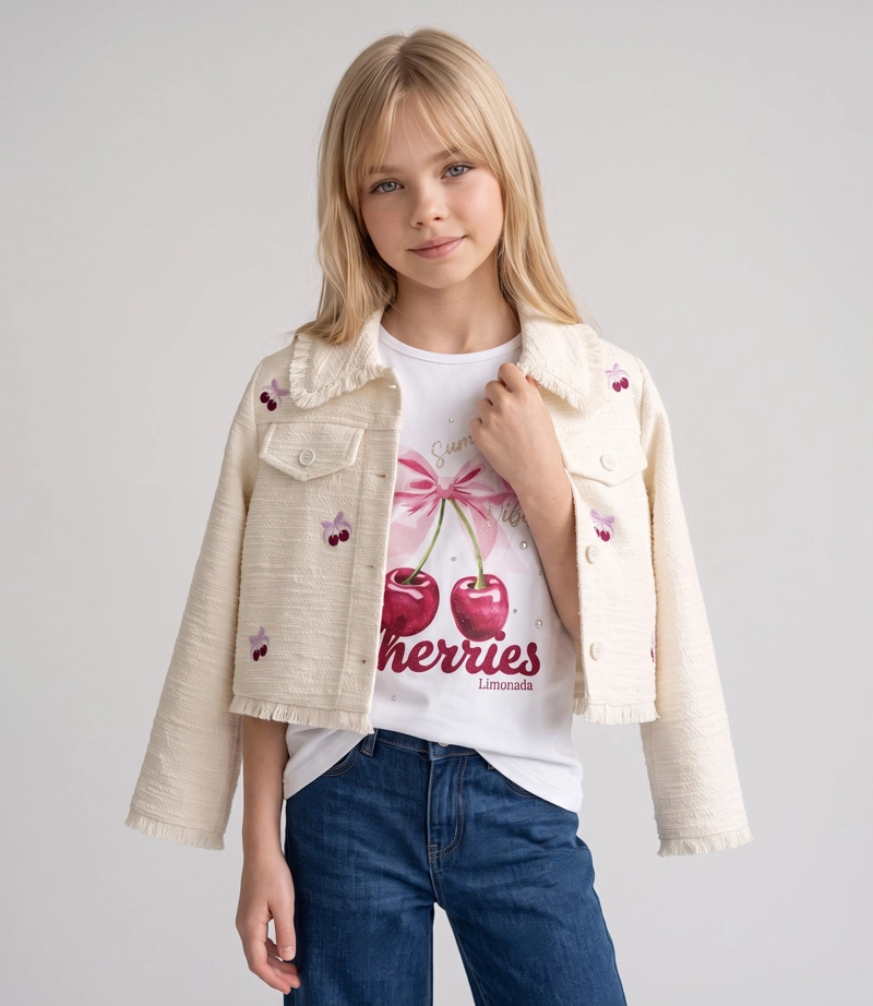 CHAQUETA NIÑA BORDADA CON CHERRY L11071270503 CRUDO LIMONADA - 1