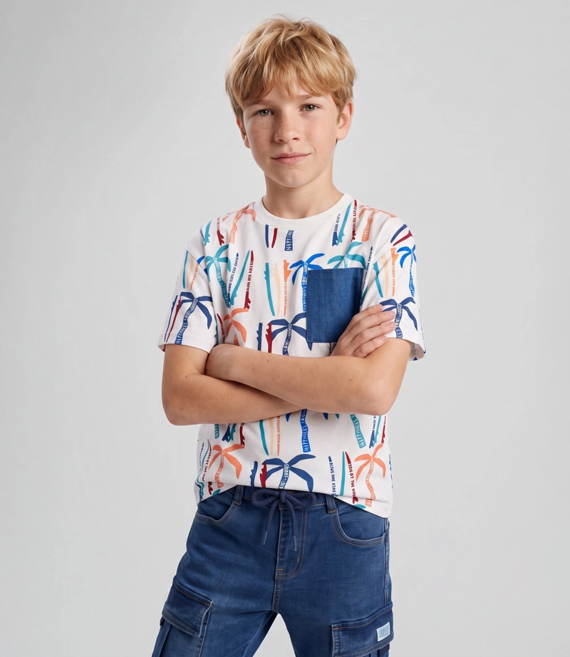 POLERA MANGA CORTA NIÑO  B11021270303 CRUDO BLACK AND BLUE - 1