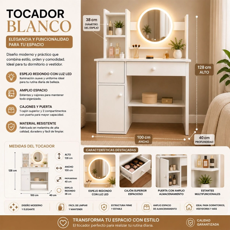 CÓMODA ANGELES DEL HOGAR MADERA BLANCO DORMITORIO LUCES LED JUEGO TOCADOR MODERNO 3 AJUSTES BRILLO - 1
