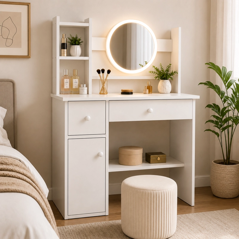 CÓMODA ANGELES DEL HOGAR MADERA BLANCO DORMITORIO LUCES LED JUEGO TOCADOR MODERNO 3 AJUSTES BRILLO - 2