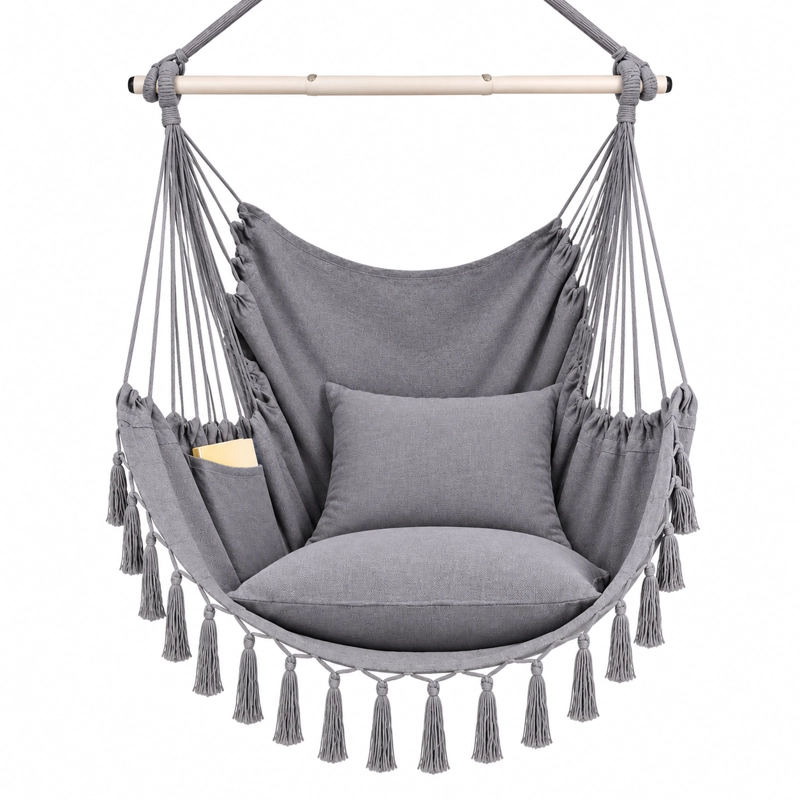 SILLA HAMACA COLGANTE CON POMPONES RESISTENTE EN COLOR GRIS - 1