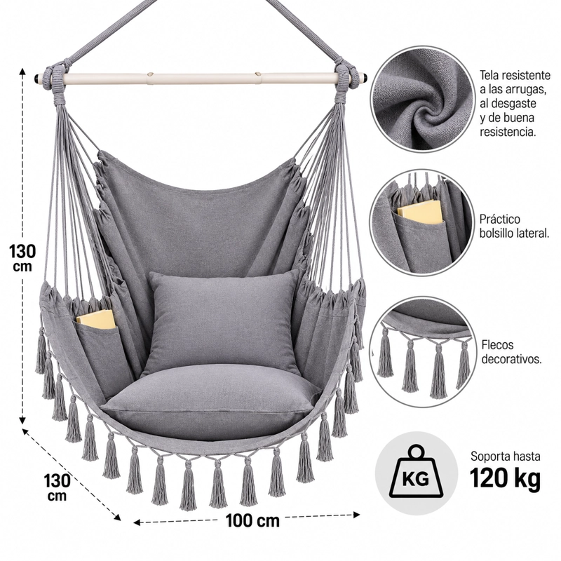 SILLA HAMACA COLGANTE CON POMPONES RESISTENTE EN COLOR GRIS - 2