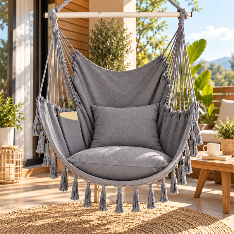 SILLA HAMACA COLGANTE CON POMPONES RESISTENTE EN COLOR GRIS - 3