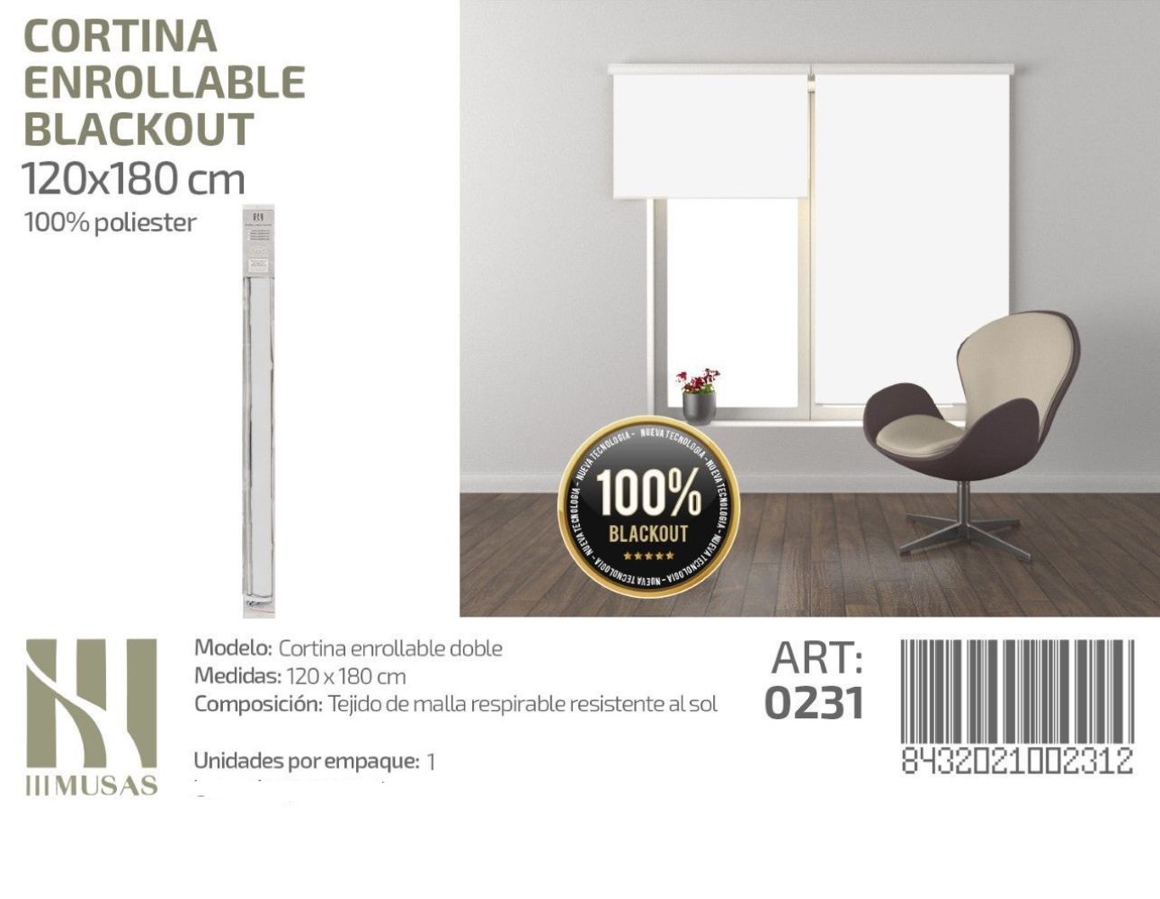 CORTINA ROLLER BLACKOUT 120 CM X 180 CM - 1