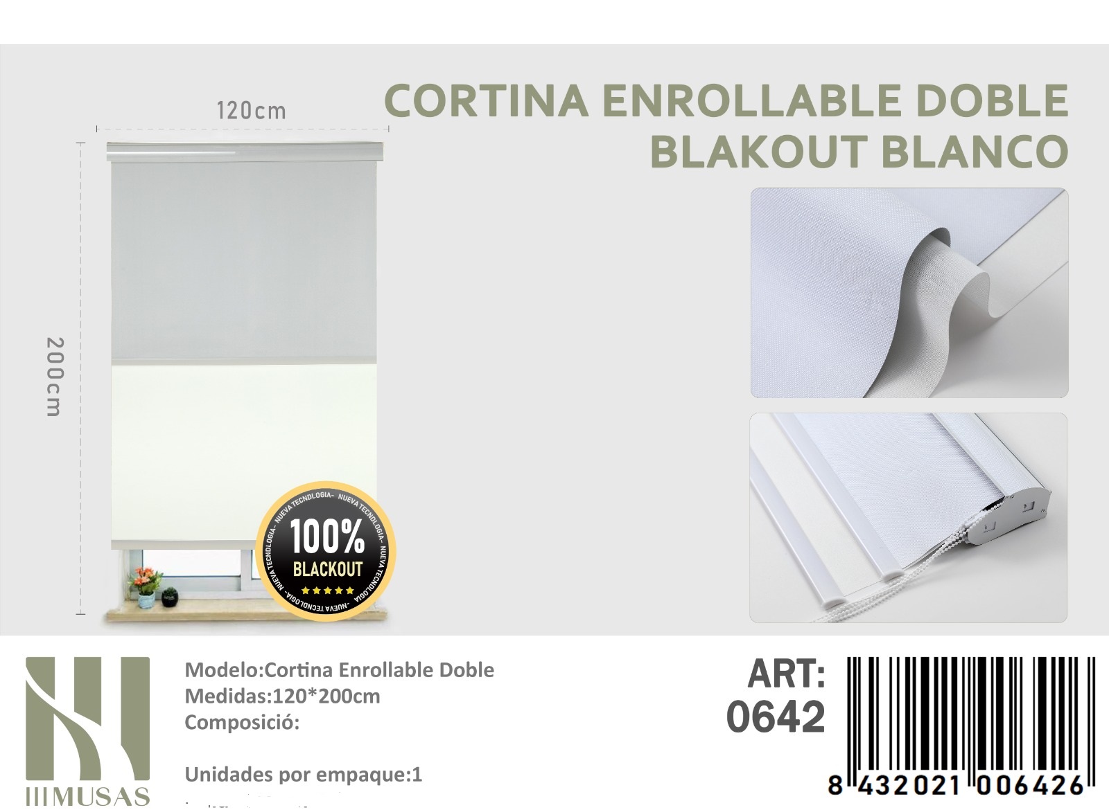 CORTINA ROLLER BLACKOUT DOBLE TELA 120X200CM - 1