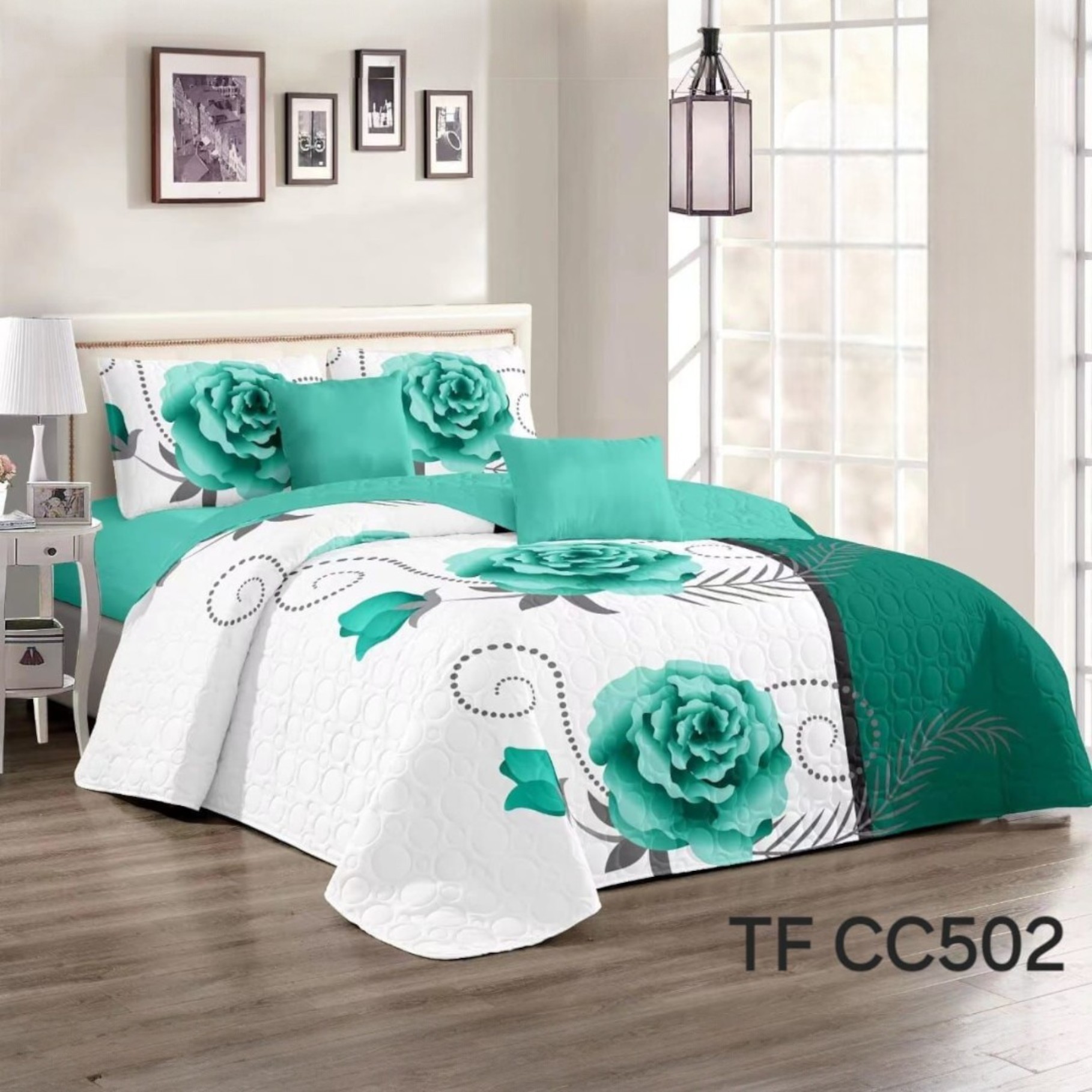 CUBRECAMA QUILT DE VERANO CON DISEÑO TF PLAZA Y MEDIA - 1