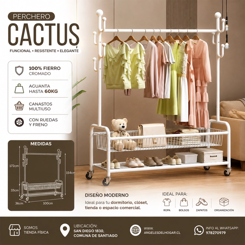 PERCHERO DISEÑO CACTUS CON RUEDAS Y CANASTO - 2