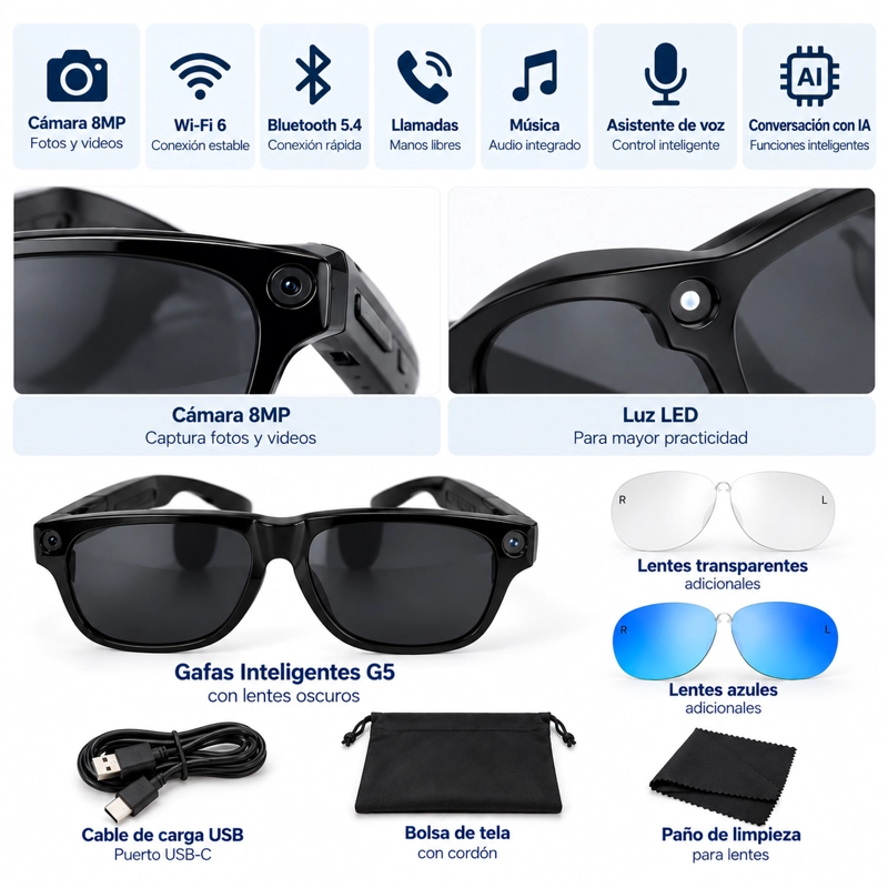 GAFAS INTELIGENTES G5 CON CAMARA 8MP, VIDEO E INTELIGENCIA ARTIFICIAL - 2