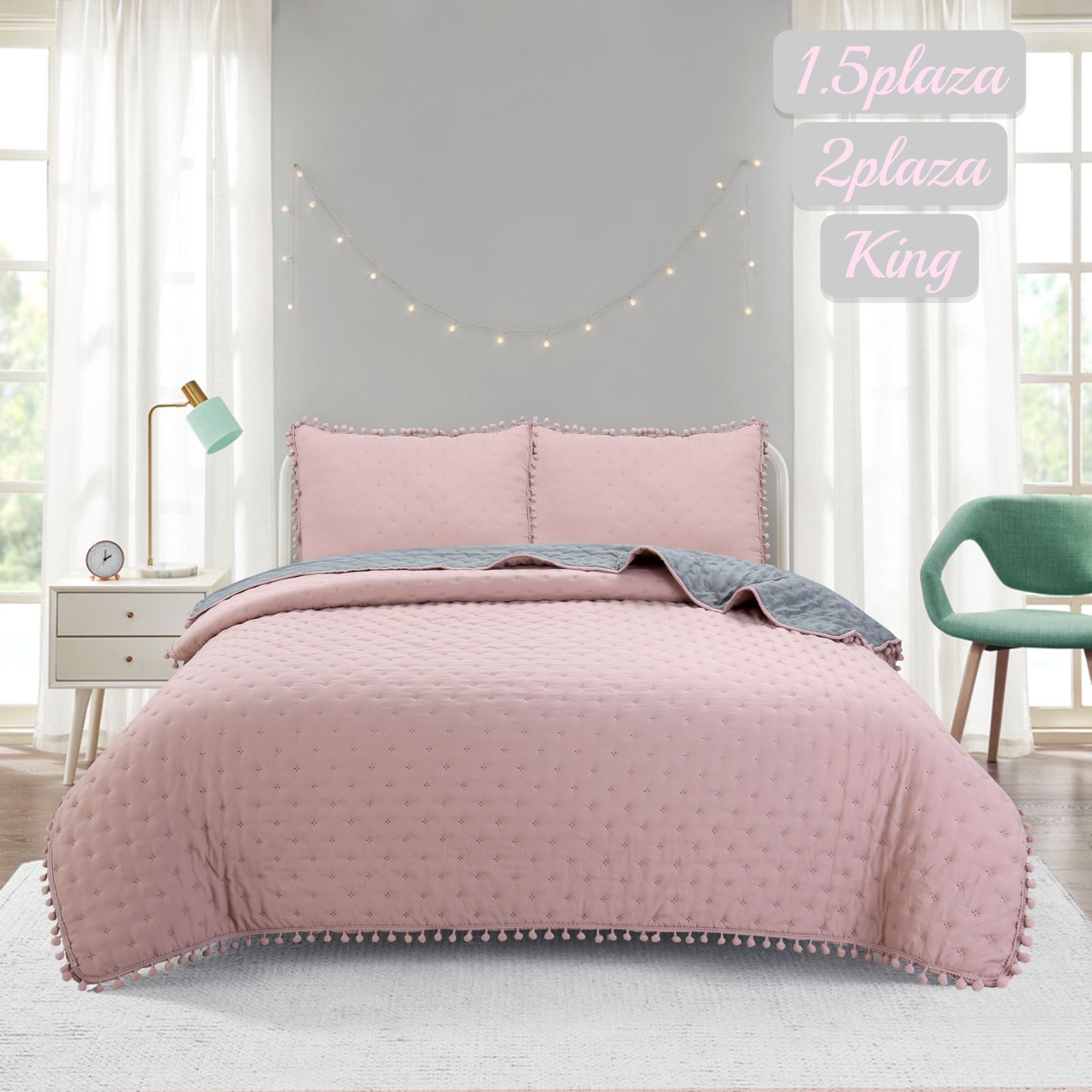 CUBRECAMA ANGELES DEL HOGAR 2 PLAZAS ALGODON QUILT CON POMPONES