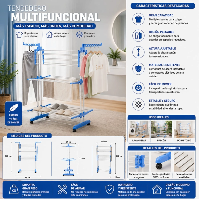 TENDEDERO DE ROPA LARGO VERTICAL 3 NIVELES PLEGABLE - 1