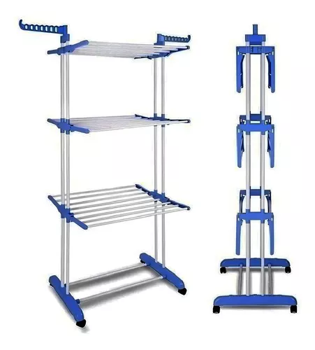 TENDEDERO VERTICAL DE METAL DE 3 NIVELES, 170 X 126 X 64 CM, AZUL - 2