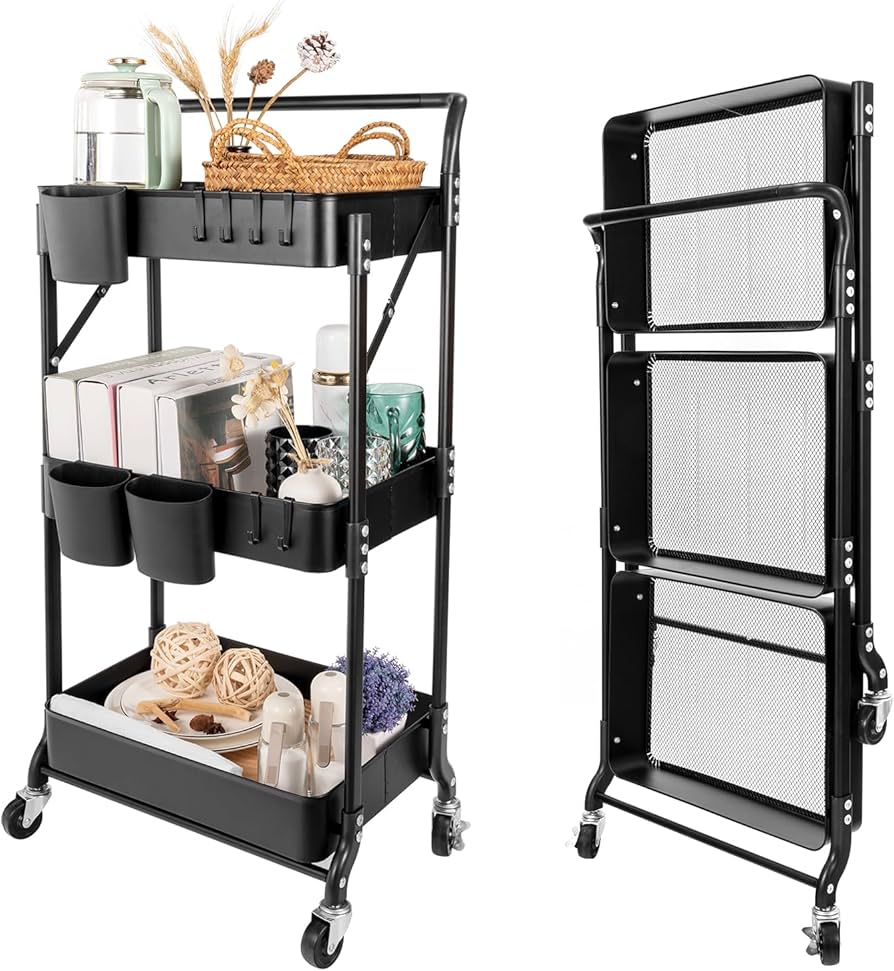 ORGANIZADOR ANGELES DEL HOGAR CARRO PLEGABLE MULTIUSO DE 3 NIVELES NEGRO ACERO - 2