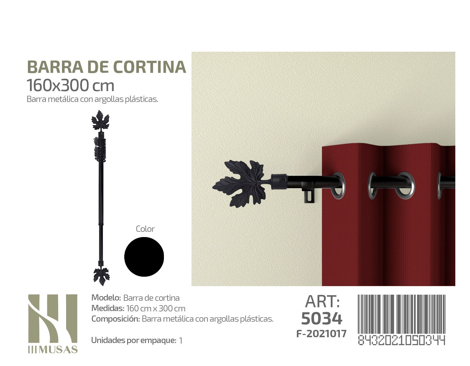 BARRA DE CORTINA METALICA NEGRO MEDIDAS 160-3O0 - 1