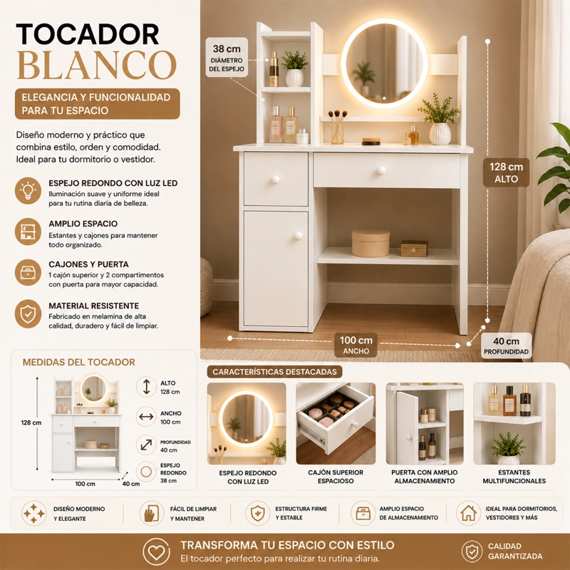 CÓMODA ANGELES DEL HOGAR BLANCO DORMITORIO LUCES LED JUEGO TOCADOR MODERNO 3 AJUSTES BRILLO - 1