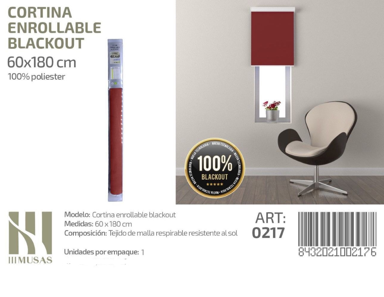 CORTINA ROLLER ENROLLABLE BLACKOUT 60 CM X 180 CM - 1