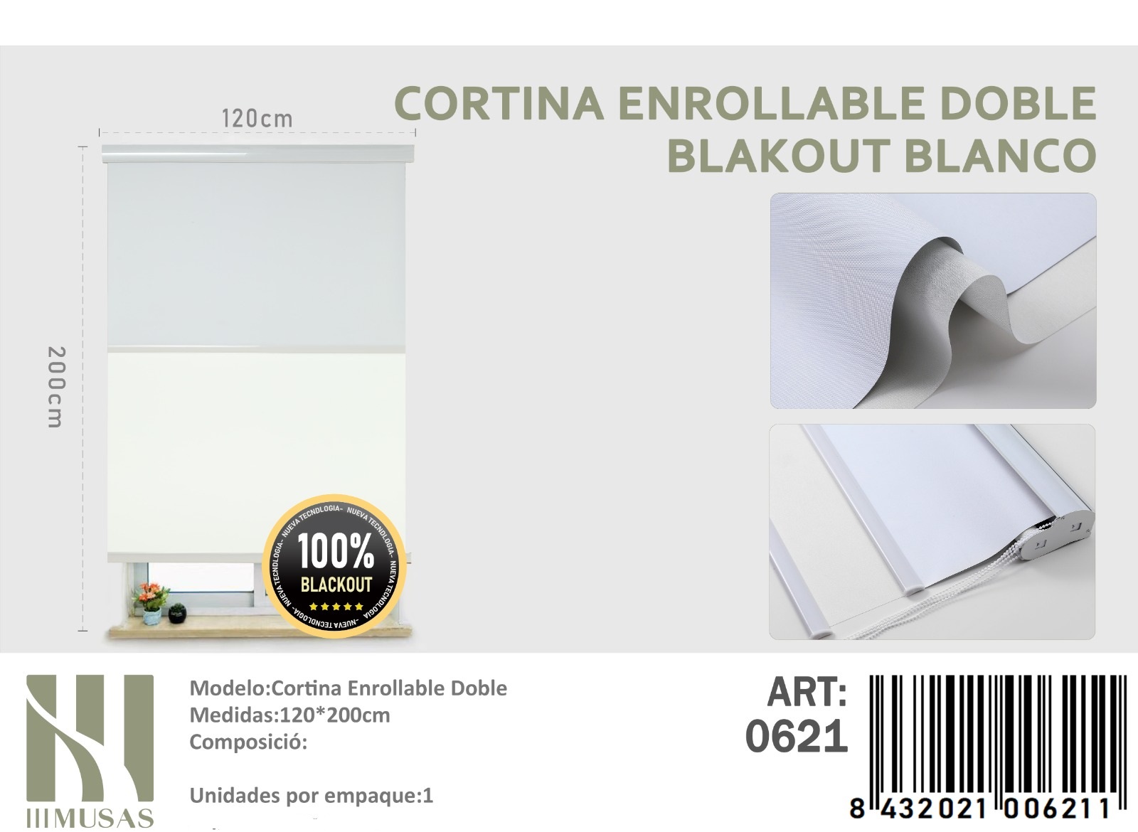 CORTINA ROLLER BLACKOUT DOBLE TELA 120X200CM - 1