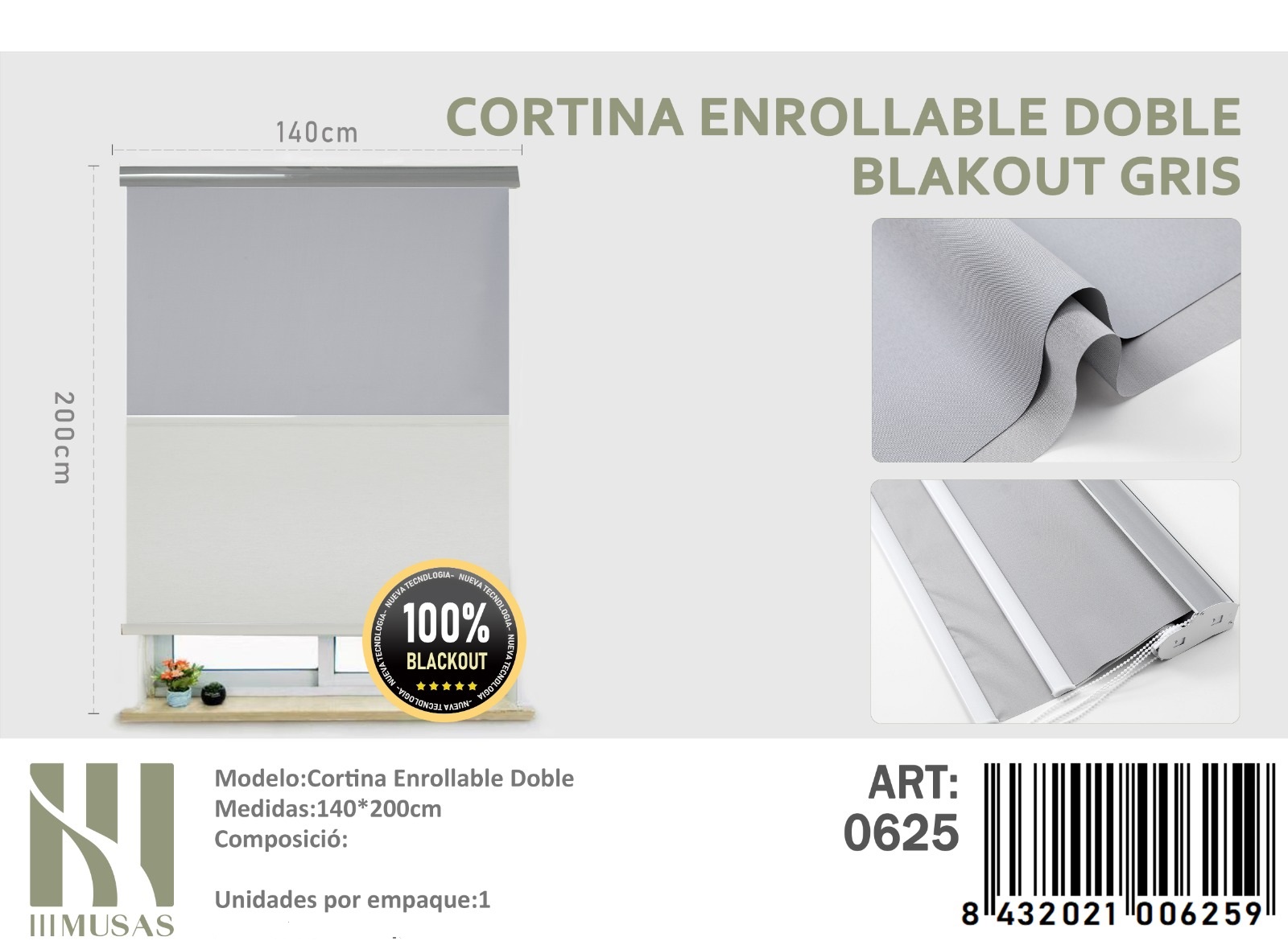 CORTINA ROLLER BLACKOUT DOBLE TELA 140X200CM - 1