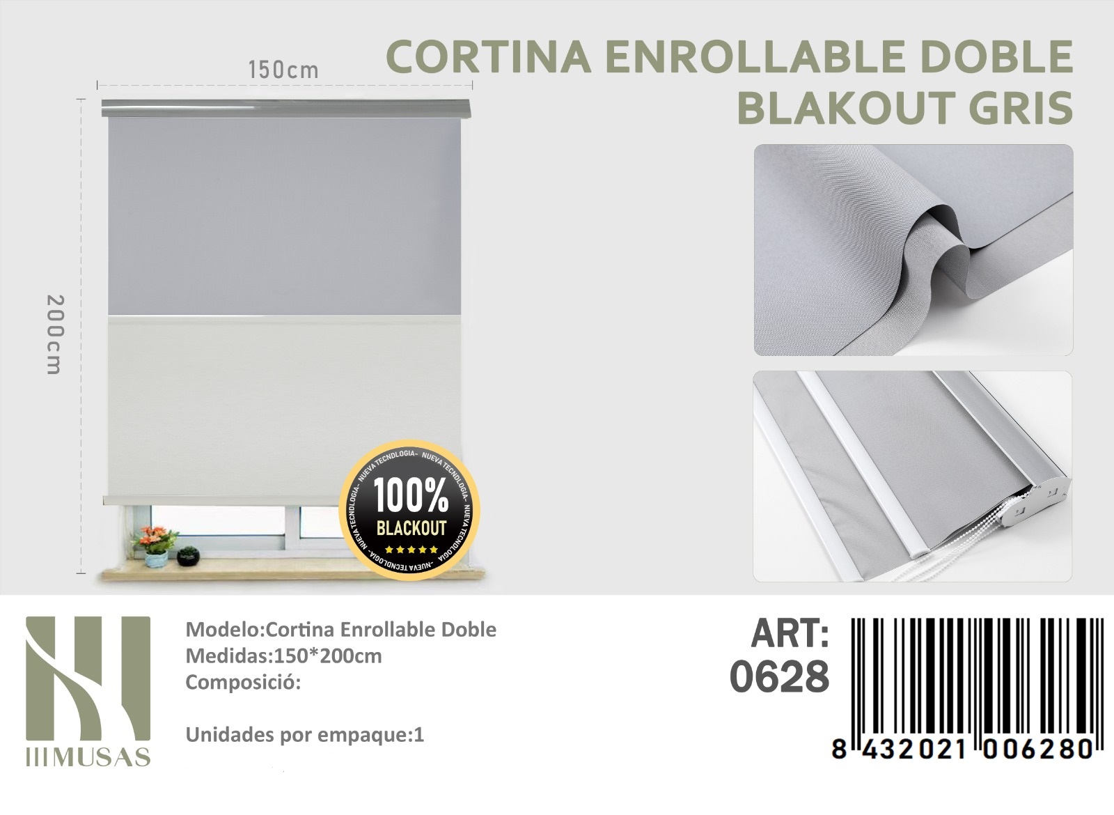 CORTINA ROLLER BLACKOUT DOBLE TELA 150X200CM - 1